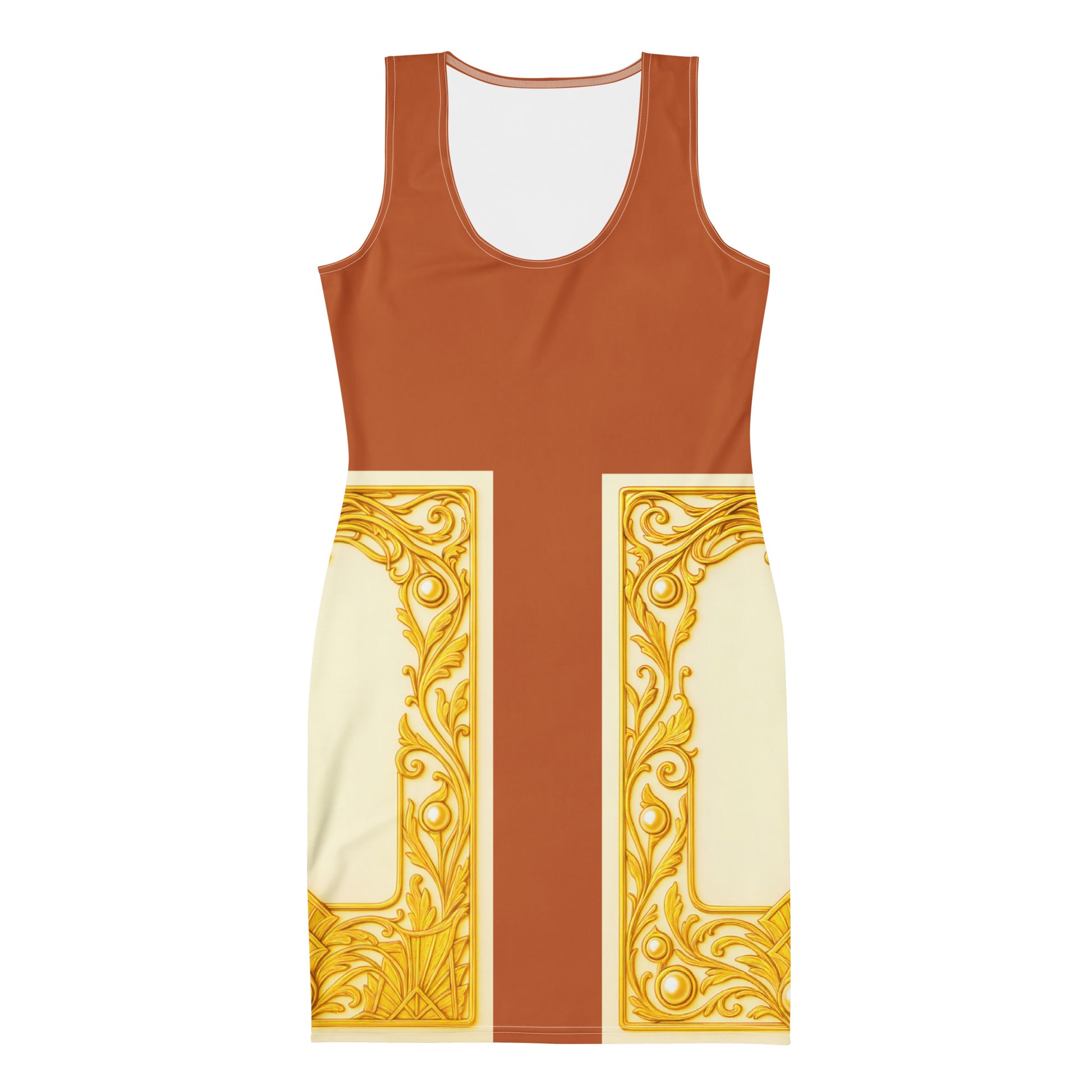 Flat front view of a Tenne colourblock bodycon dress featuring Baroque ornamental filigree gold frame print on a white background.