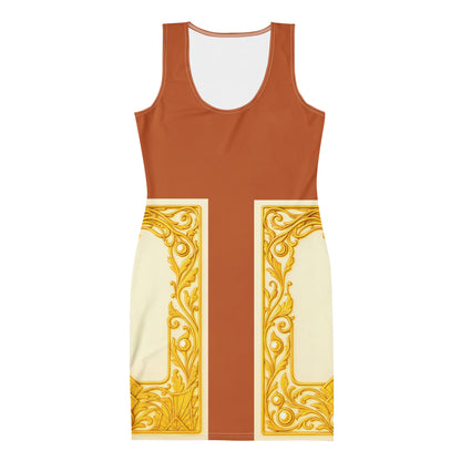 Flat front view of a Tenne colourblock bodycon dress featuring Baroque ornamental filigree gold frame print on a white background.