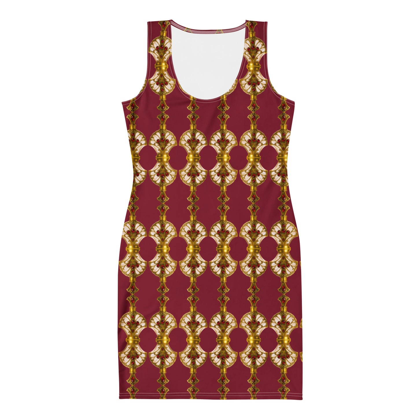 Red burgundy bodycon dress featuring Art Deco antique gold perfume bottle patterns with ruby embellishments, front flat-lay view on a white background.