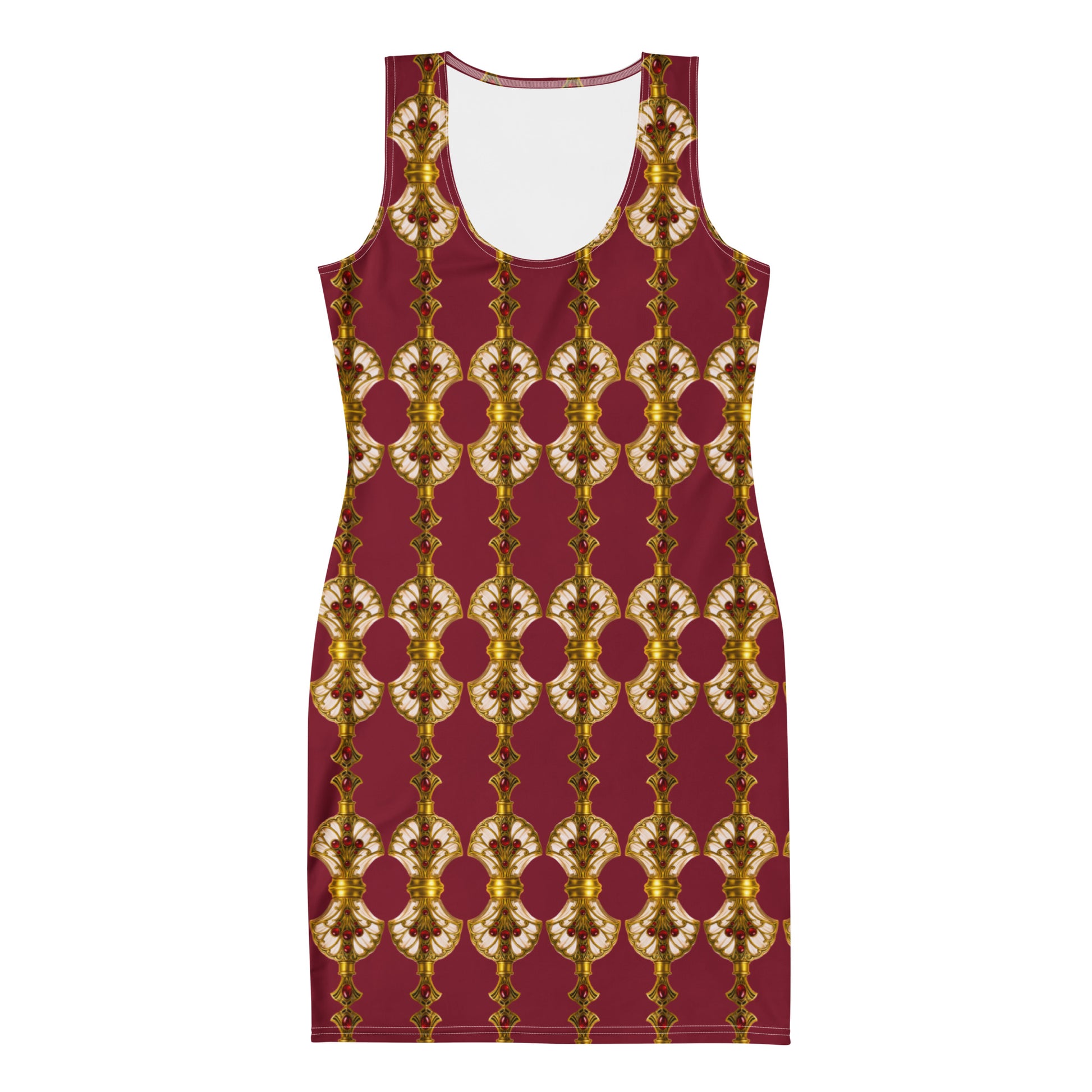 Red burgundy bodycon dress featuring Art Deco antique gold perfume bottle patterns with ruby embellishments, front flat-lay view on a white background.