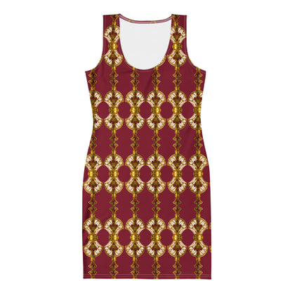 Red burgundy bodycon dress featuring Art Deco antique gold perfume bottle patterns with ruby embellishments, front flat-lay view on a white background.
