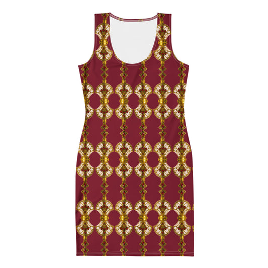 Red burgundy bodycon dress featuring Art Deco antique gold perfume bottle patterns with ruby embellishments, front flat-lay view on a white background.