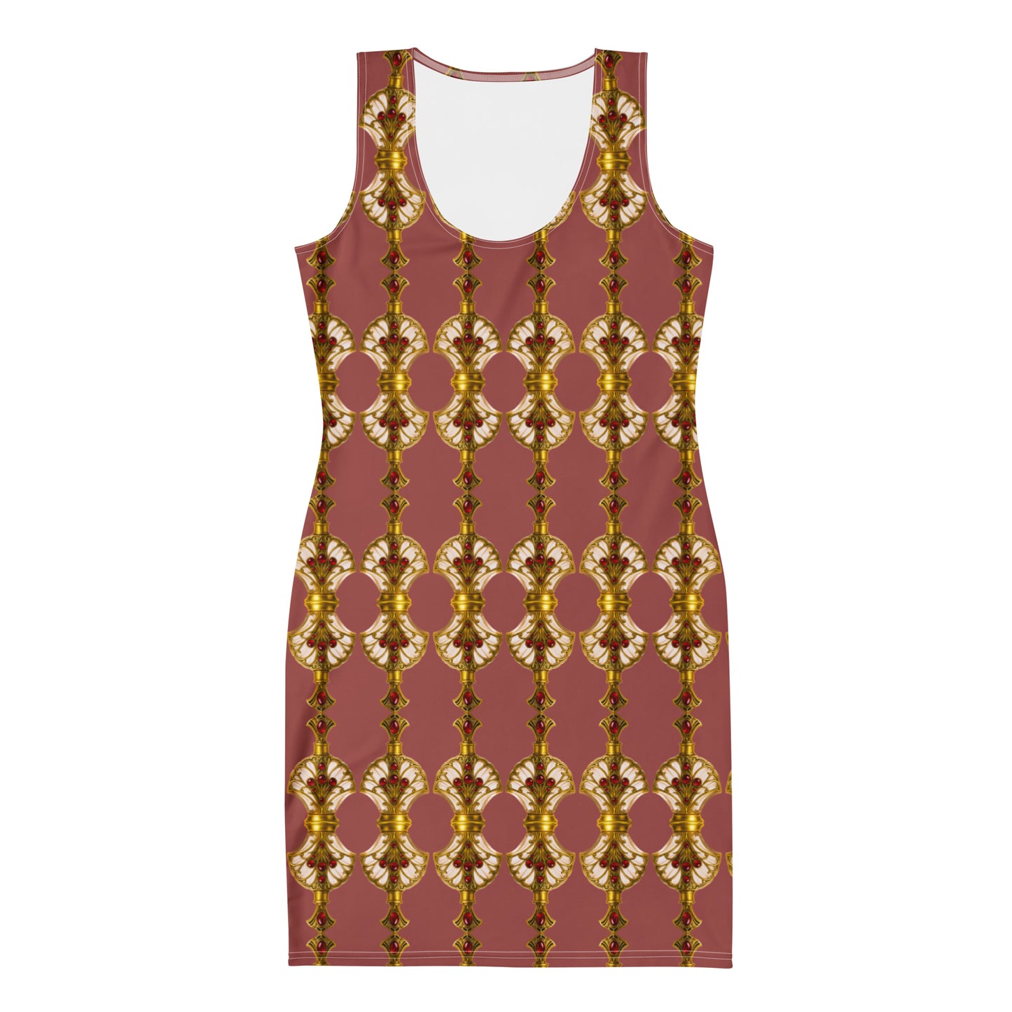 Front flat lay view of a pink terracotta  bodycon dress featuring Art Deco antique gold perfume bottle patterns with ruby embellishments.