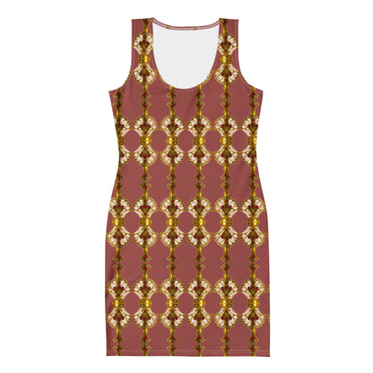 Front flat lay view of a pink terracotta  bodycon dress featuring Art Deco antique gold perfume bottle patterns with ruby embellishments.
