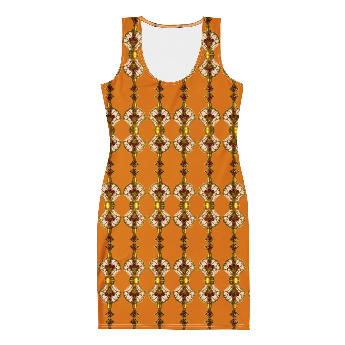 Front flat lay view of an orange  bodycon dress featuring Art Deco antique gold perfume bottle patterns with ruby embellishments.