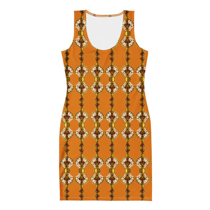 Front flat lay view of an orange  bodycon dress featuring Art Deco antique gold perfume bottle patterns with ruby embellishments.