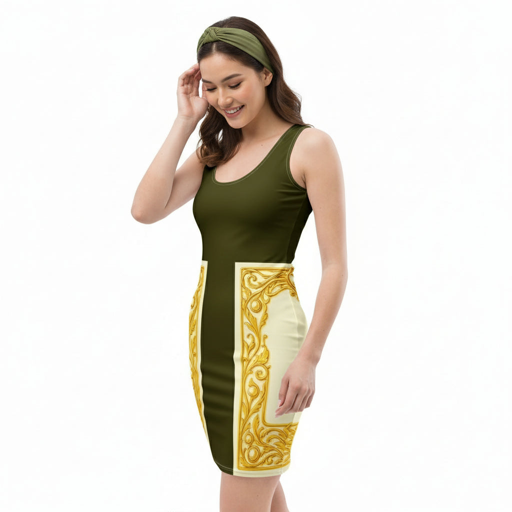 Woman wearing a green vine colourblock bodycon dress with a decorative yellow and cream panel on a white background
