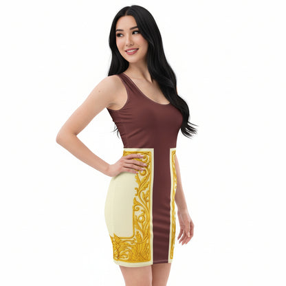 Side view of an Asian woman wearing an auburn colourblock bodycon dress featuring Baroque ornamental filigree gold frame print on a white background.