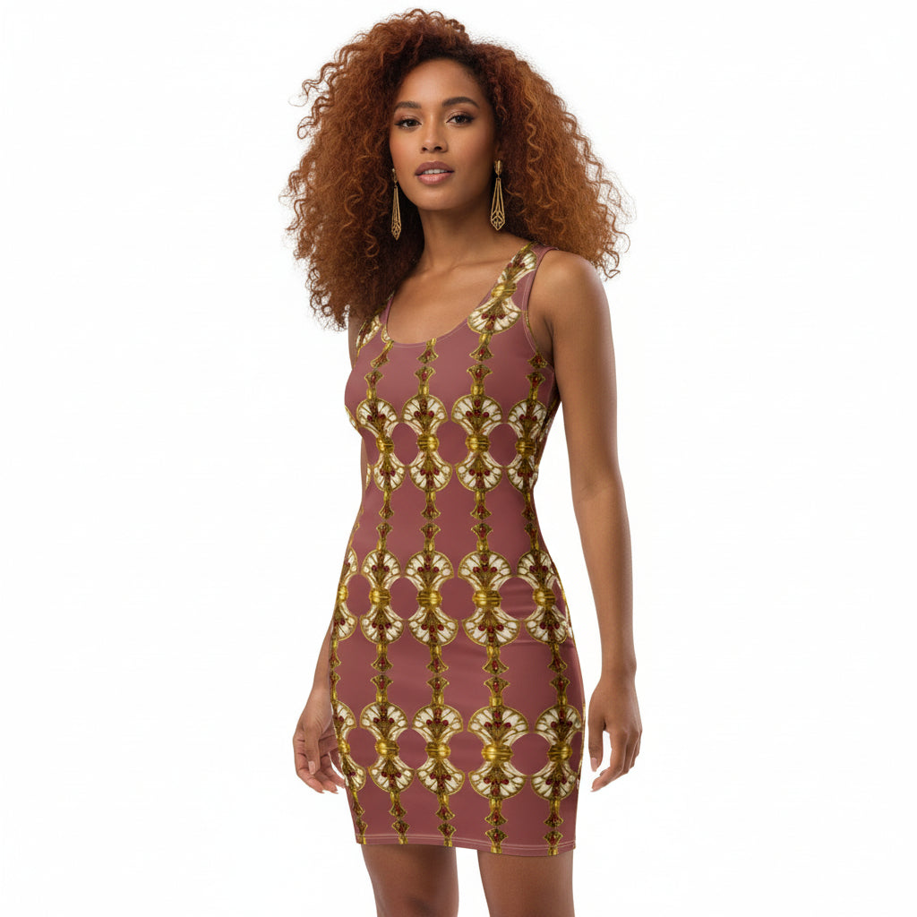 Front view of an African American  model wearing a pink terracotta bodycon dress featuring Art Deco antique gold perfume bottle patterns with ruby embellishments.