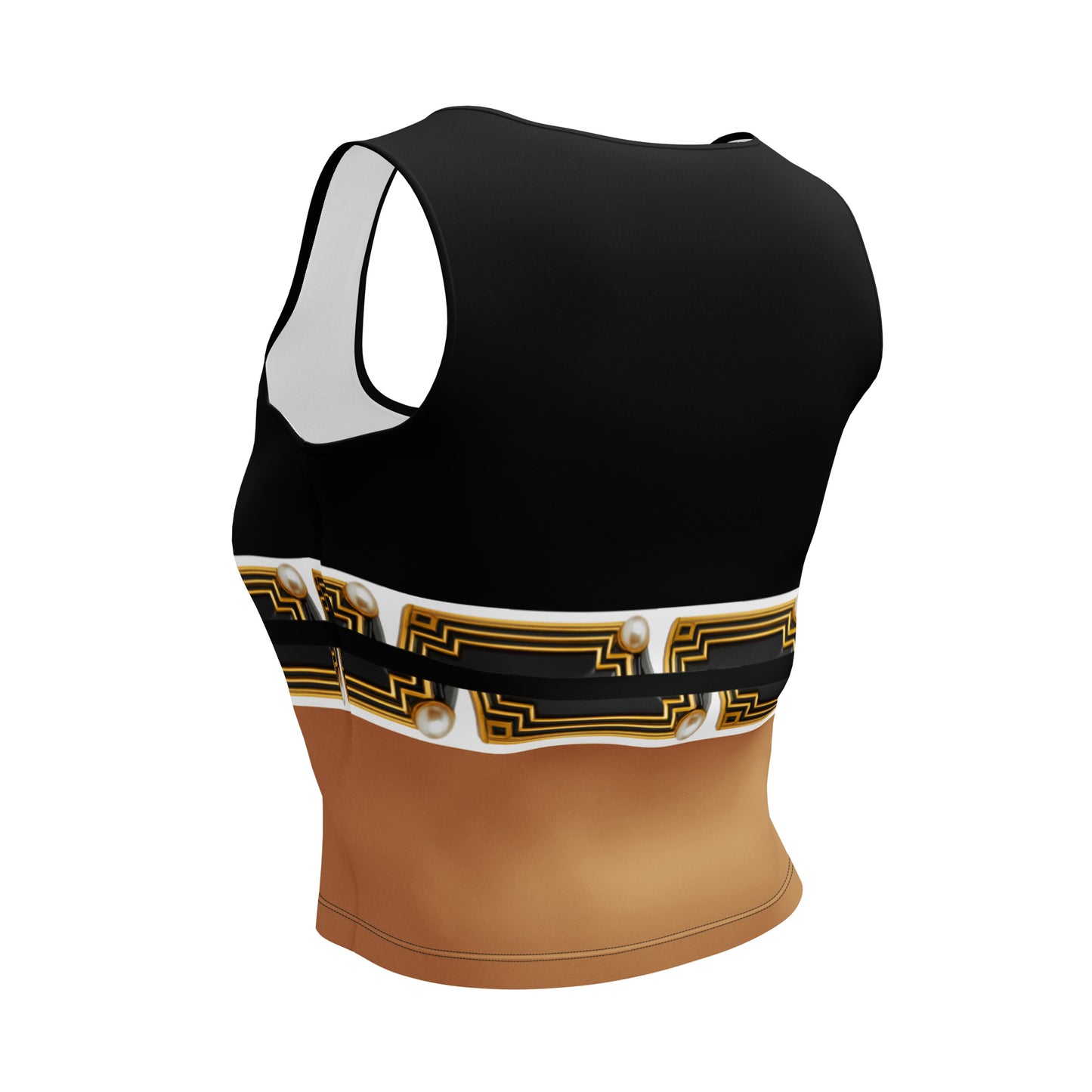 A 3D back view of Black and gold color block crop top featuring geometric patterns — an original design by ARTEMI ARTELIA on a white background