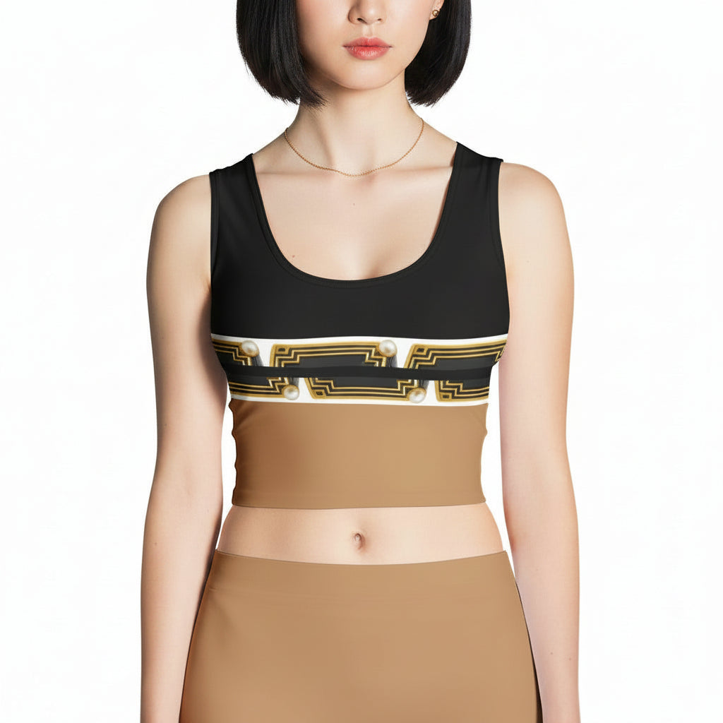 A woman with black bob hair style  wearing a black and beige color block crop top with matching nude color leggings at white background