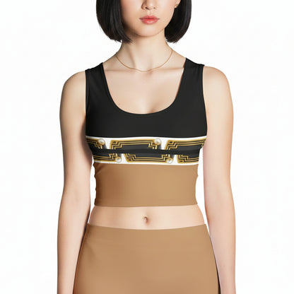 A woman with black bob hair style  wearing a black and beige color block crop top with matching nude color leggings at white background