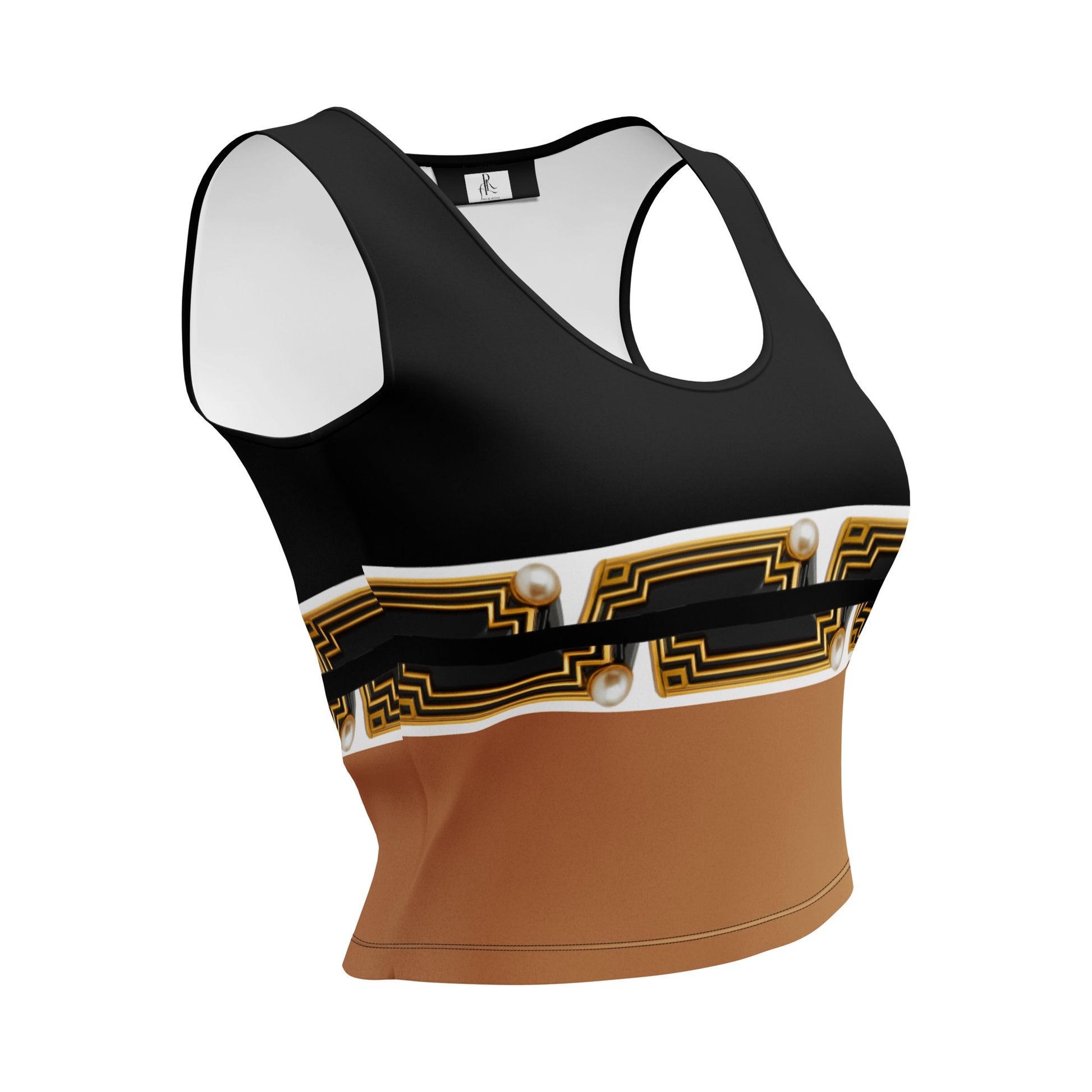 A 3D side view of Black and nude color block crop top featuring geometric gold patterns — an original design by ARTEMI ARTELIA on a white background