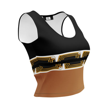 A 3D side view of Black and nude color block crop top featuring geometric gold patterns — an original design by ARTEMI ARTELIA on a white background