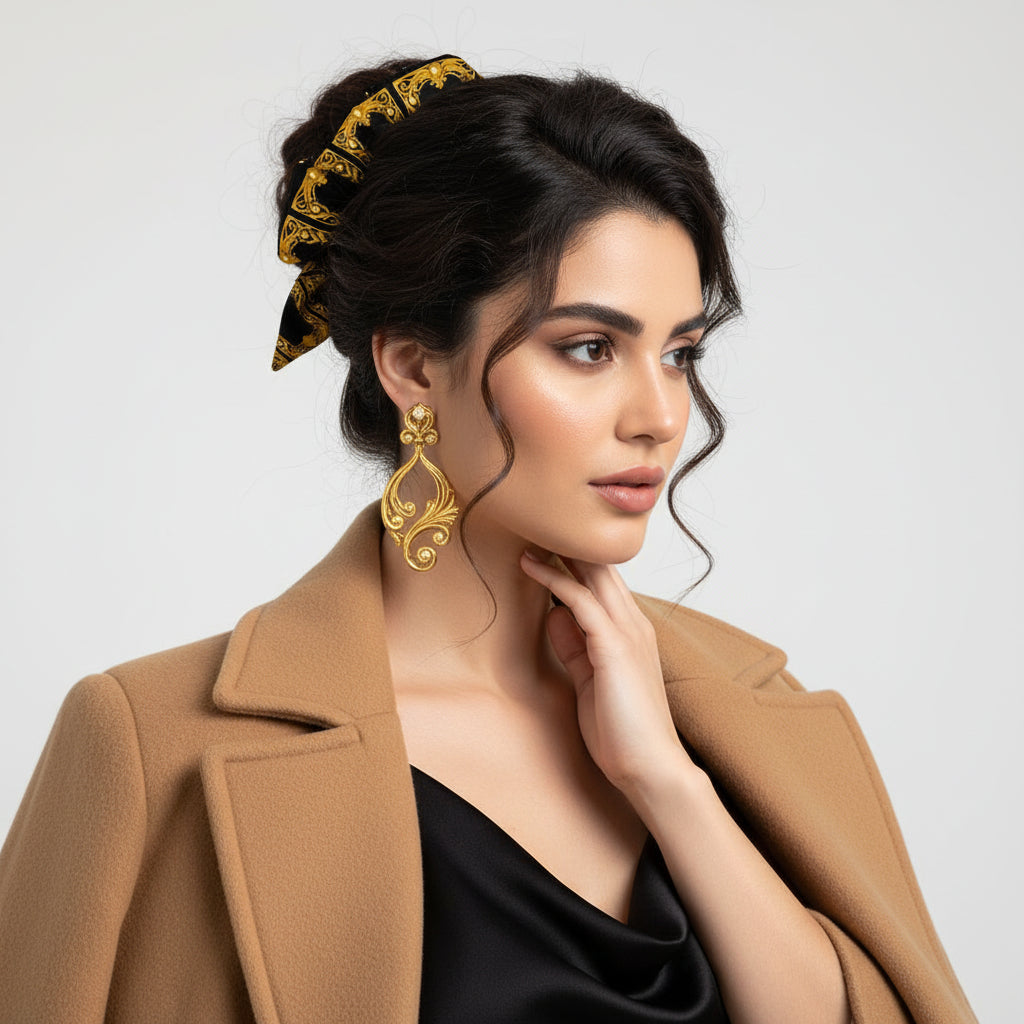 Model wearing gold earrings and a scrunchie, styled with a beige coat on a light gray background