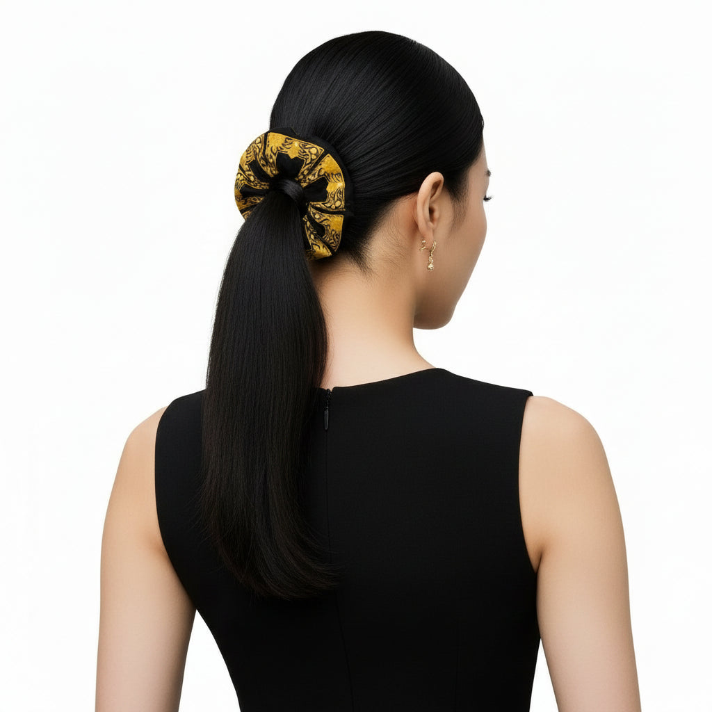 An Asian model with black silky hair tied with a scrunchie featuring a gold Baroque frame pattern on black material.