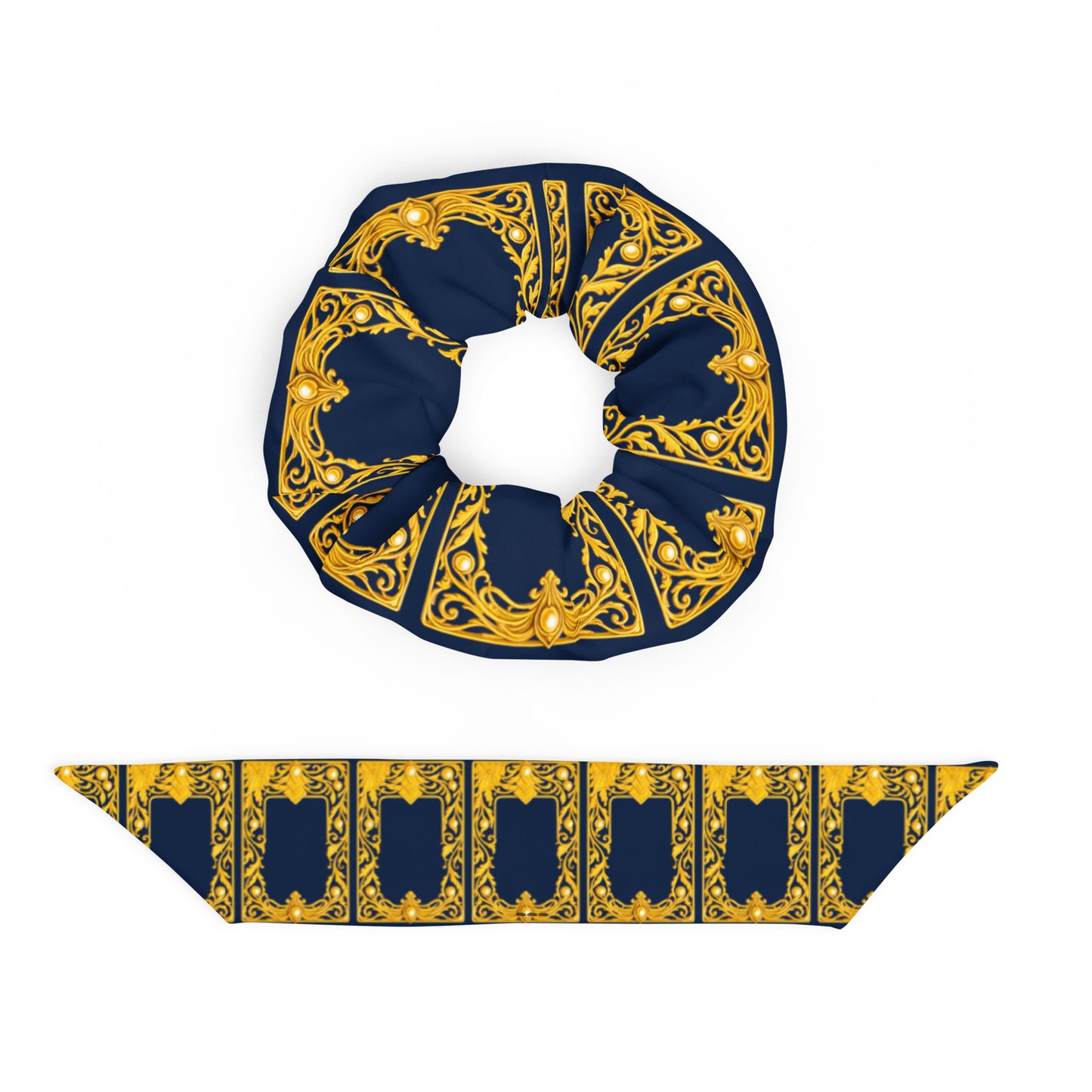 Navy blue and repeated ornate gold pattern scrunchie with matching hair bow tie on a white background