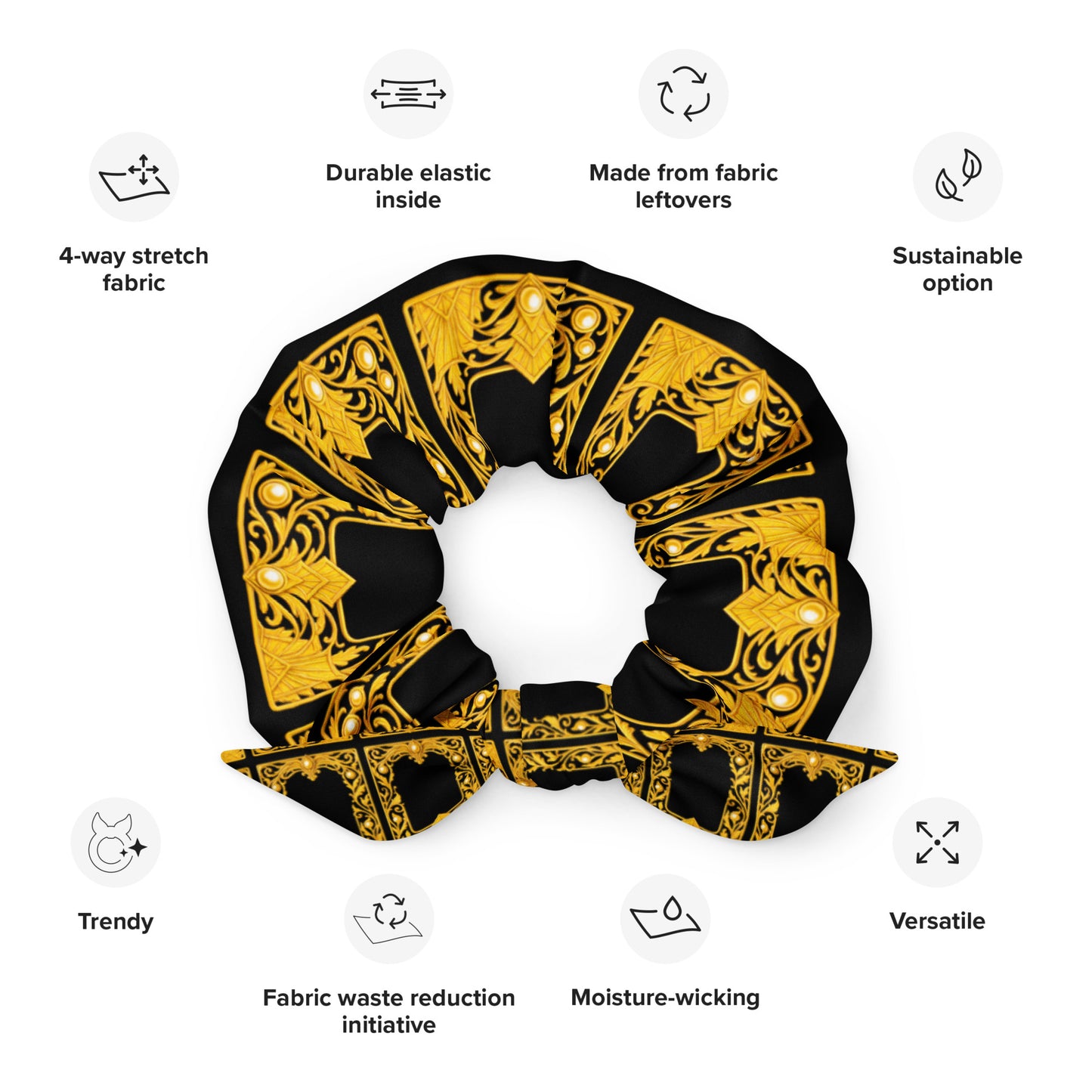 Black and gold baroque ornate pattern scrunchie with sustainability features listed on a white background