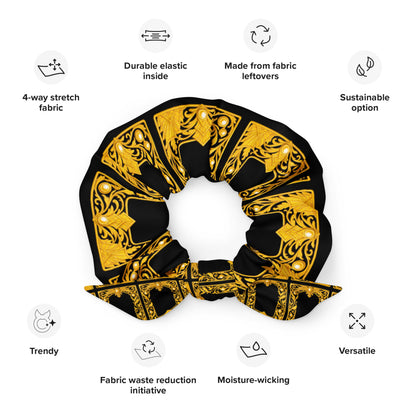 Black and gold baroque ornate pattern scrunchie with sustainability features listed on a white background