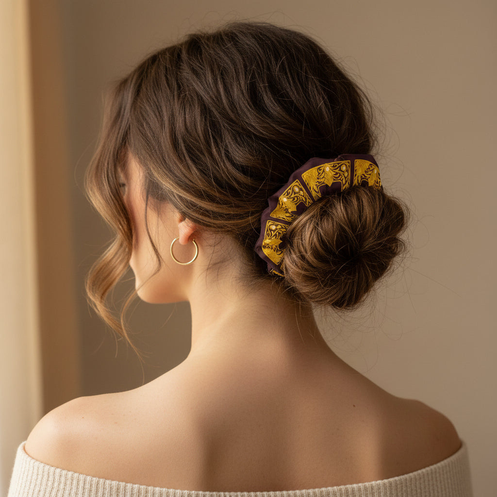 A brunette model with wavy hair elegantly tied into a bun with a scrunchie featuring a gold Baroque frame pattern on brown recycled fabric.