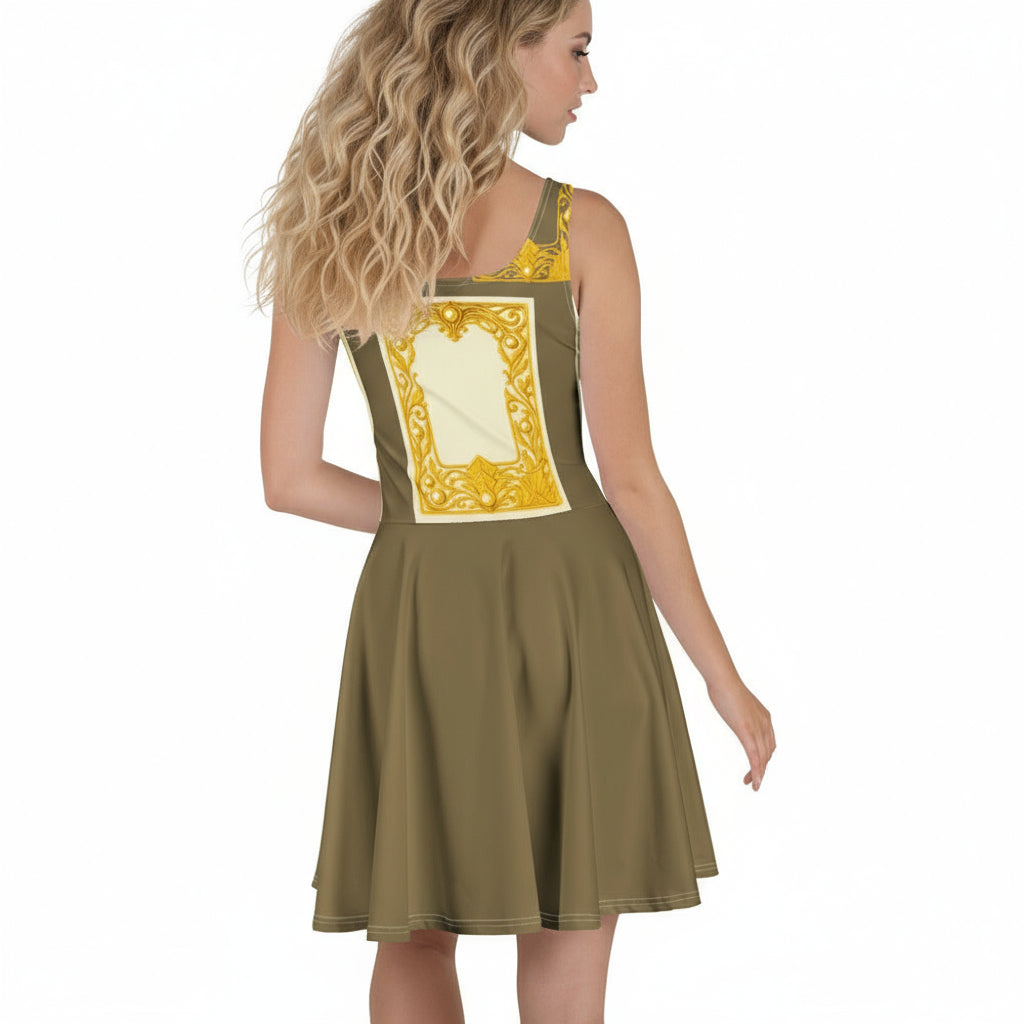 Back view of a model wearing a platinum green skater dress featuring Baroque ornamental filigree gold frame print on a white background.