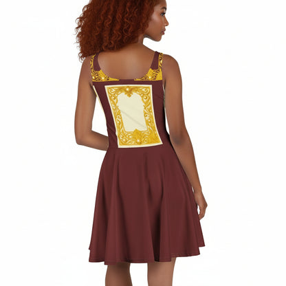 Back view of an African model wearing an Auburn skater dress featuring Baroque ornamental filigree gold frame print on a white background.