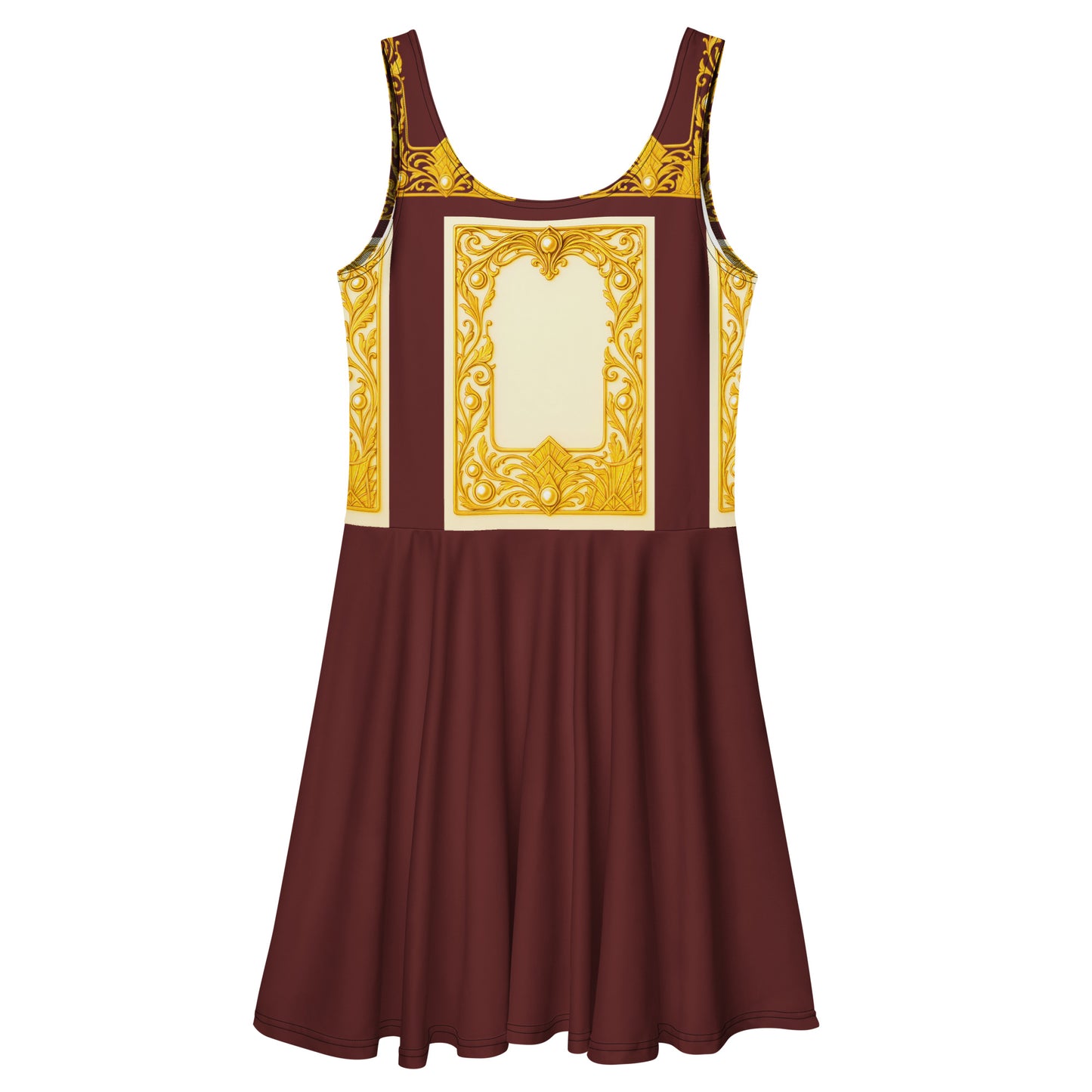 Front flat view of an auburn skater dress featuring Baroque ornamental filigree gold frame print on a white background.