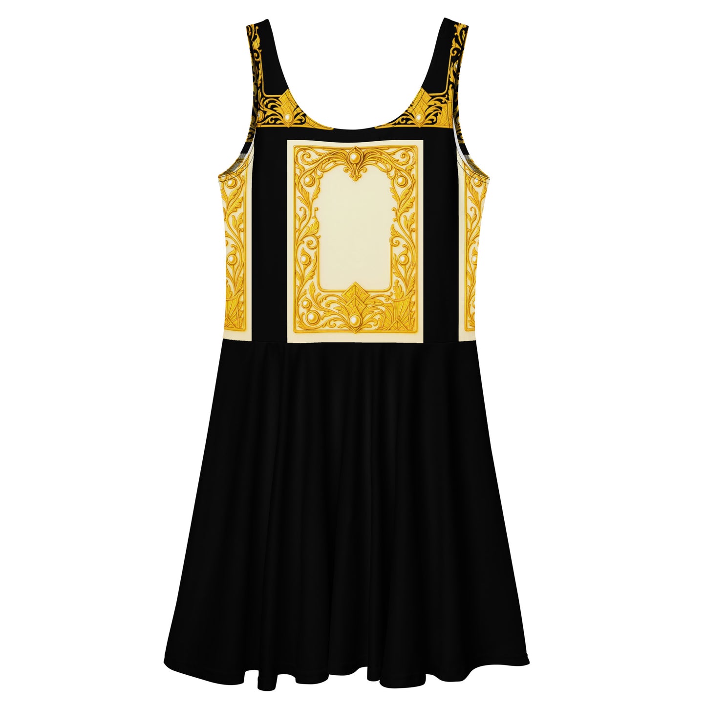 Front flat view of a black skater dress featuring Baroque ornamental filigree gold frame print on a white background.