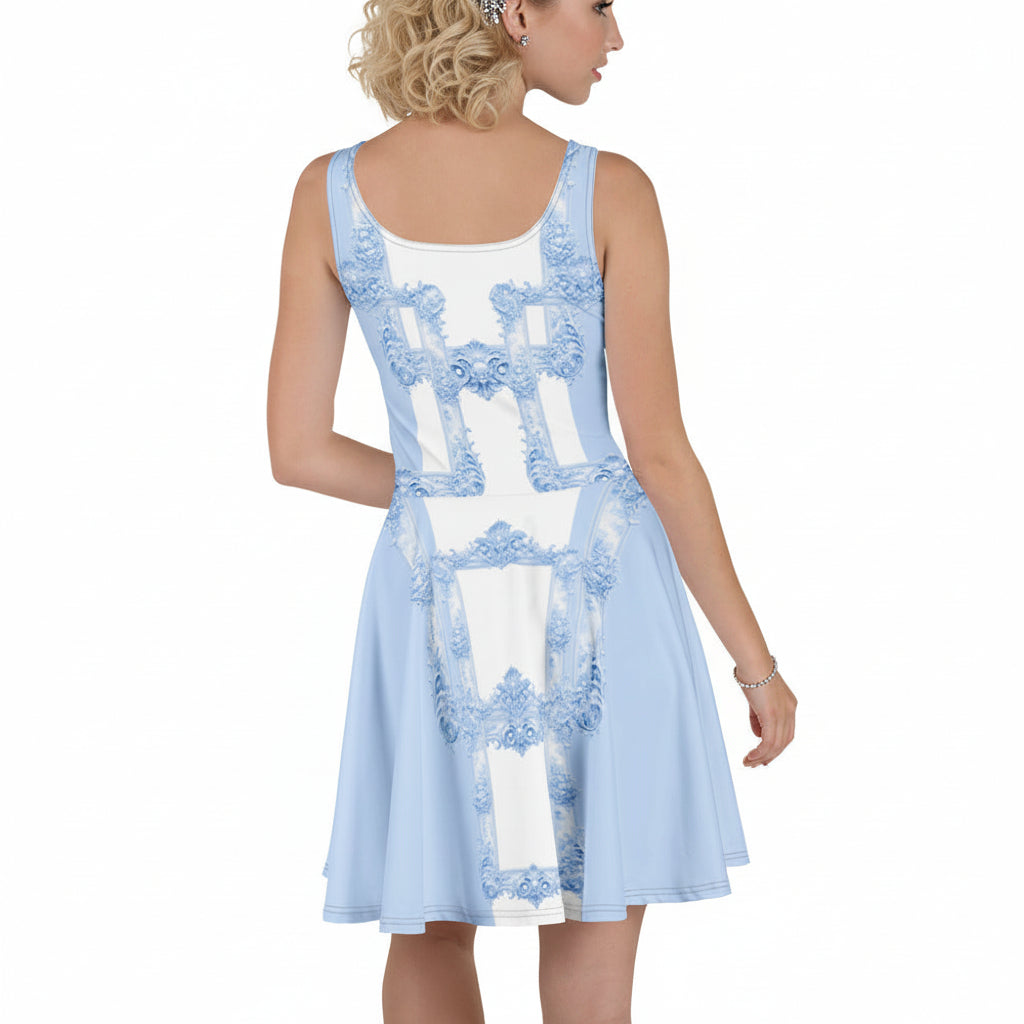 Back view of a blond woman wearing powder blue skater dress featuring Baroque ornamental frame print on a white background.