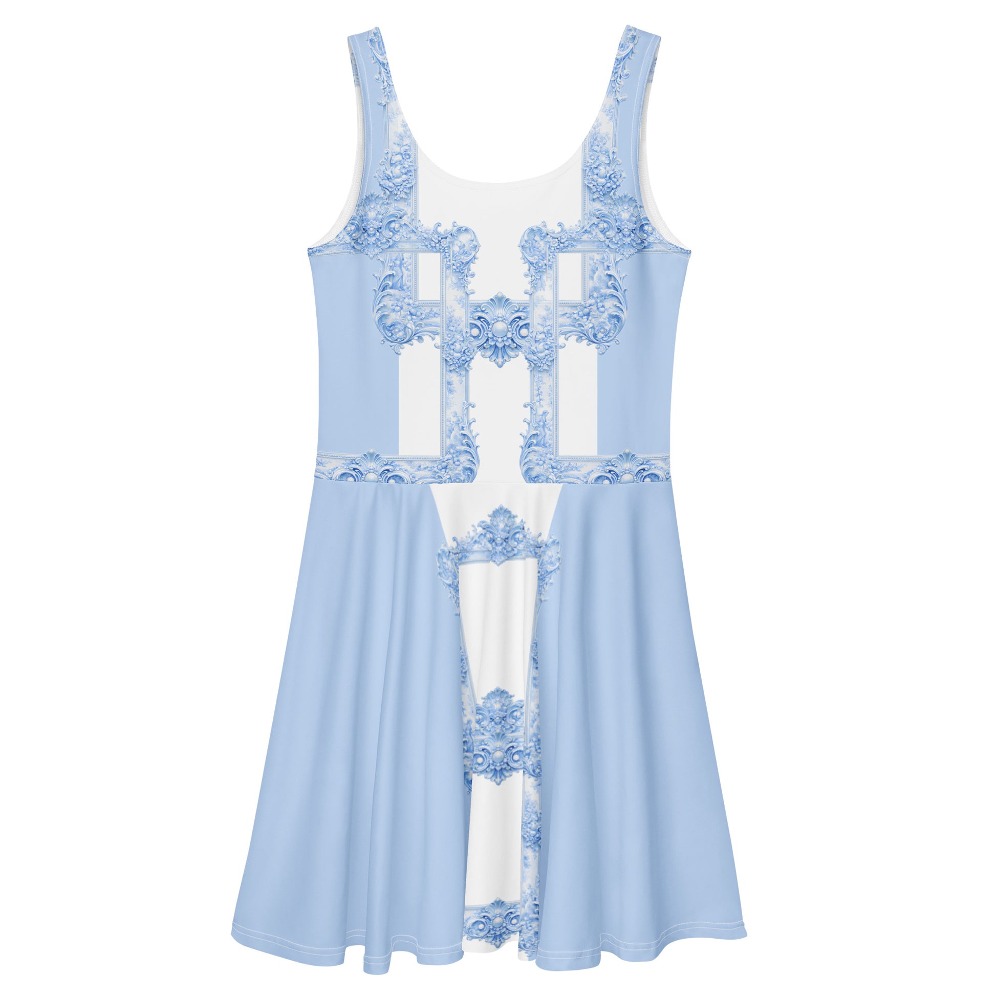 Back view of a powder blue skater dress featuring Baroque ornamental  frame print on a white background.