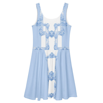 Back view of a powder blue skater dress featuring Baroque ornamental  frame print on a white background.
