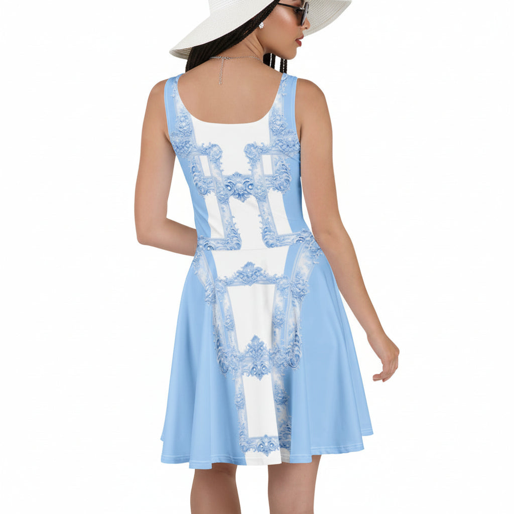 Back view of woman with braided hair wearing a pastel blue skater dress featuring Baroque ornamental frame print on a white background.