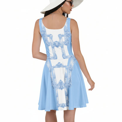 Back view of woman with braided hair wearing a pastel blue skater dress featuring Baroque ornamental frame print on a white background.