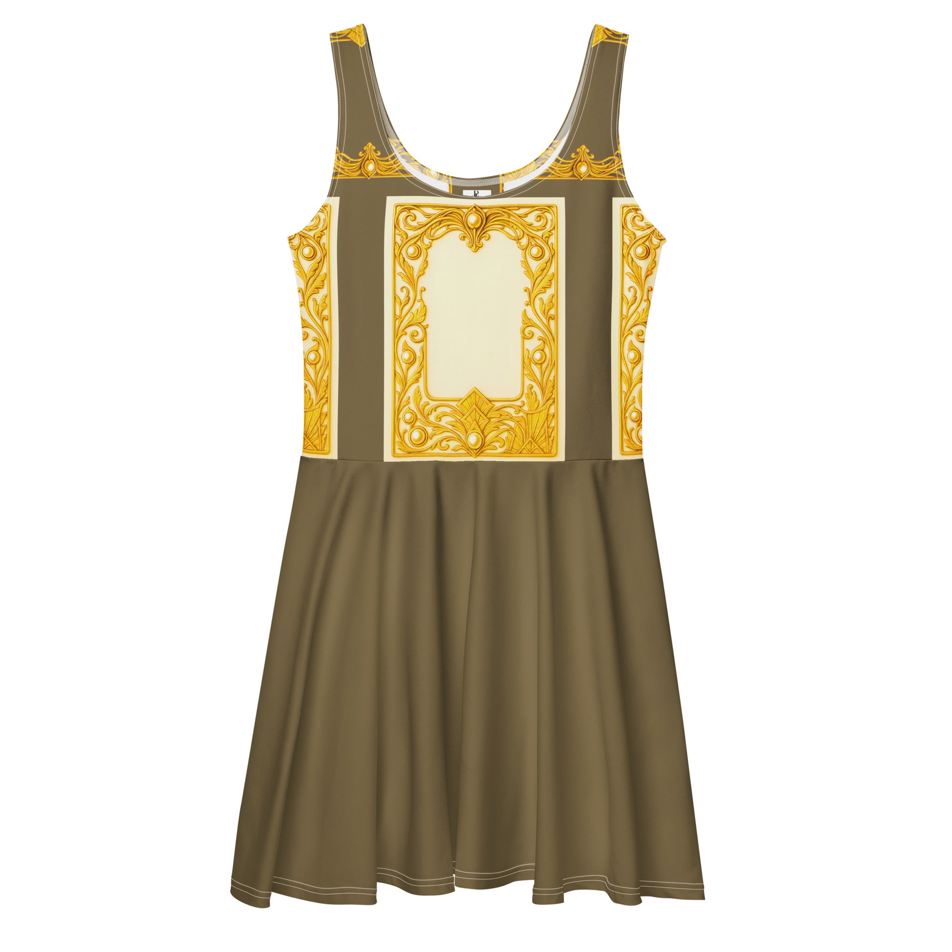 A flat front lay view of a platinum green skater dress featuring Baroque ornamental filigree gold frame print on a white background.