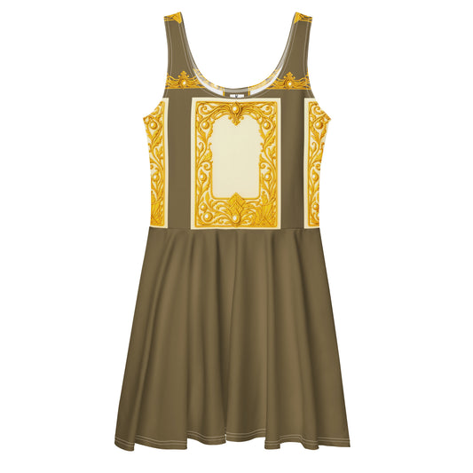 A flat front lay view of a platinum green skater dress featuring Baroque ornamental filigree gold frame print on a white background.