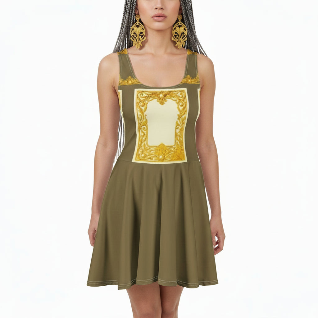 Front view of a model with braided hair wearing a platinum green skater dress featuring Baroque ornamental filigree gold frame print on a white background.