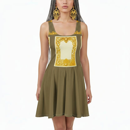 Front view of a model with braided hair wearing a platinum green skater dress featuring Baroque ornamental filigree gold frame print on a white background.