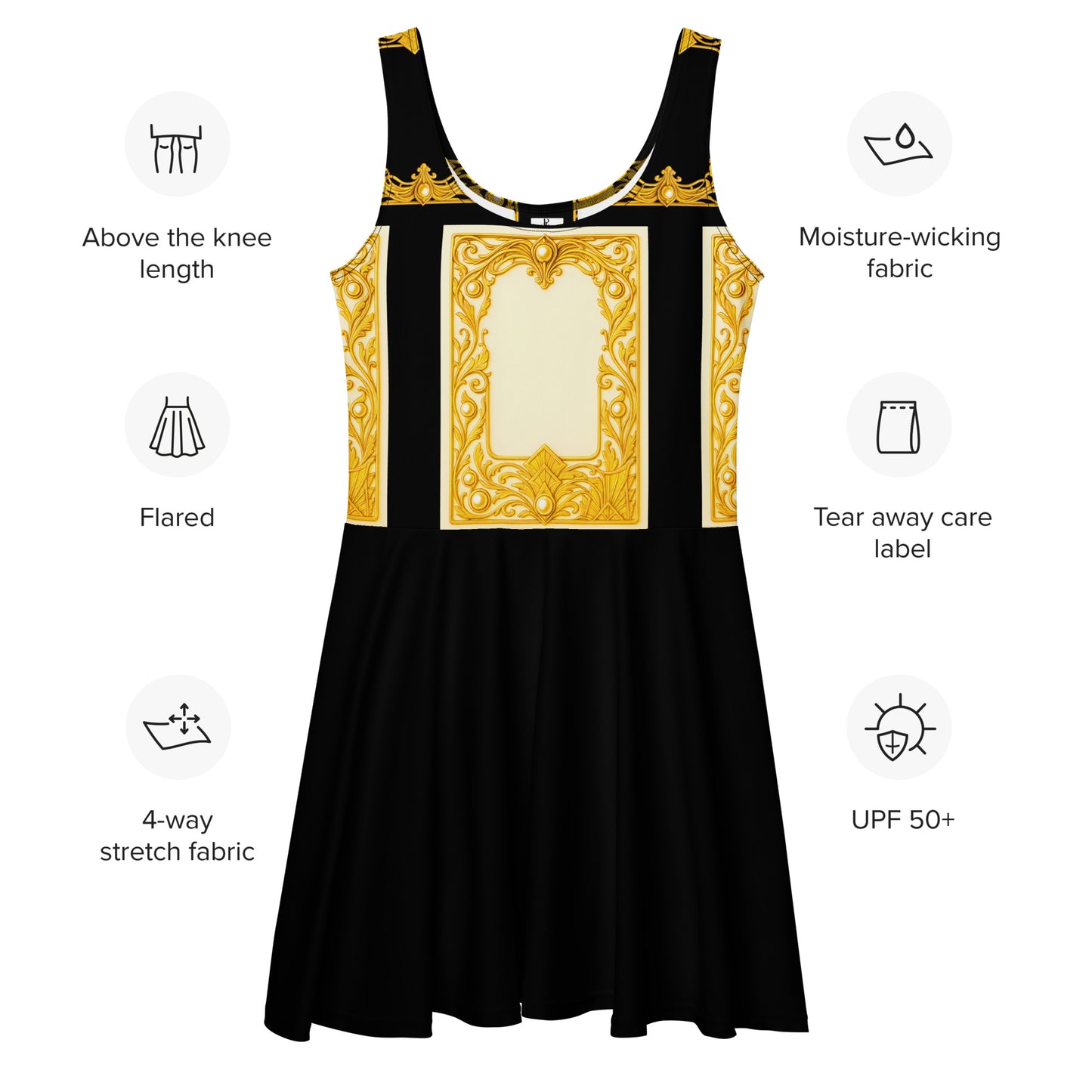 Black skater dress with gold baroque frame print on a white background, featuring text labels about dress attributes.