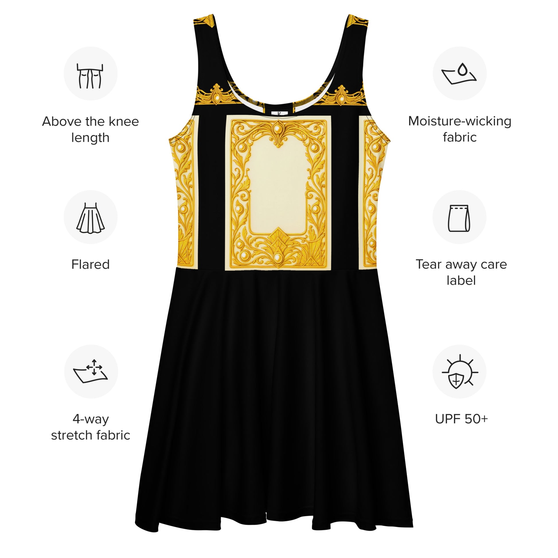 Black skater dress with gold baroque frame print on a white background, featuring text labels about dress attributes.