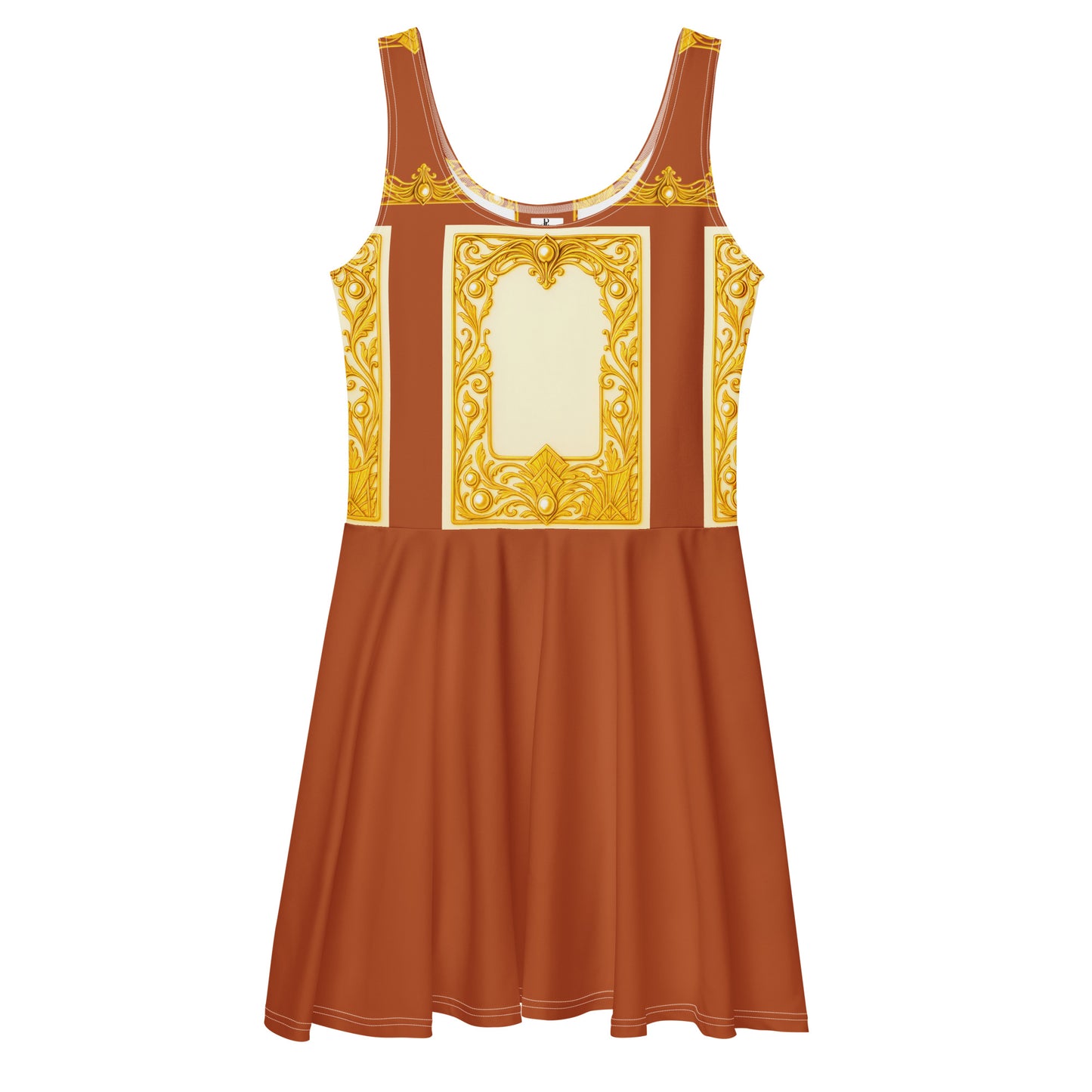 Front flat view of a tenne skater dress featuring Baroque ornamental filigree gold frame print on a white background.