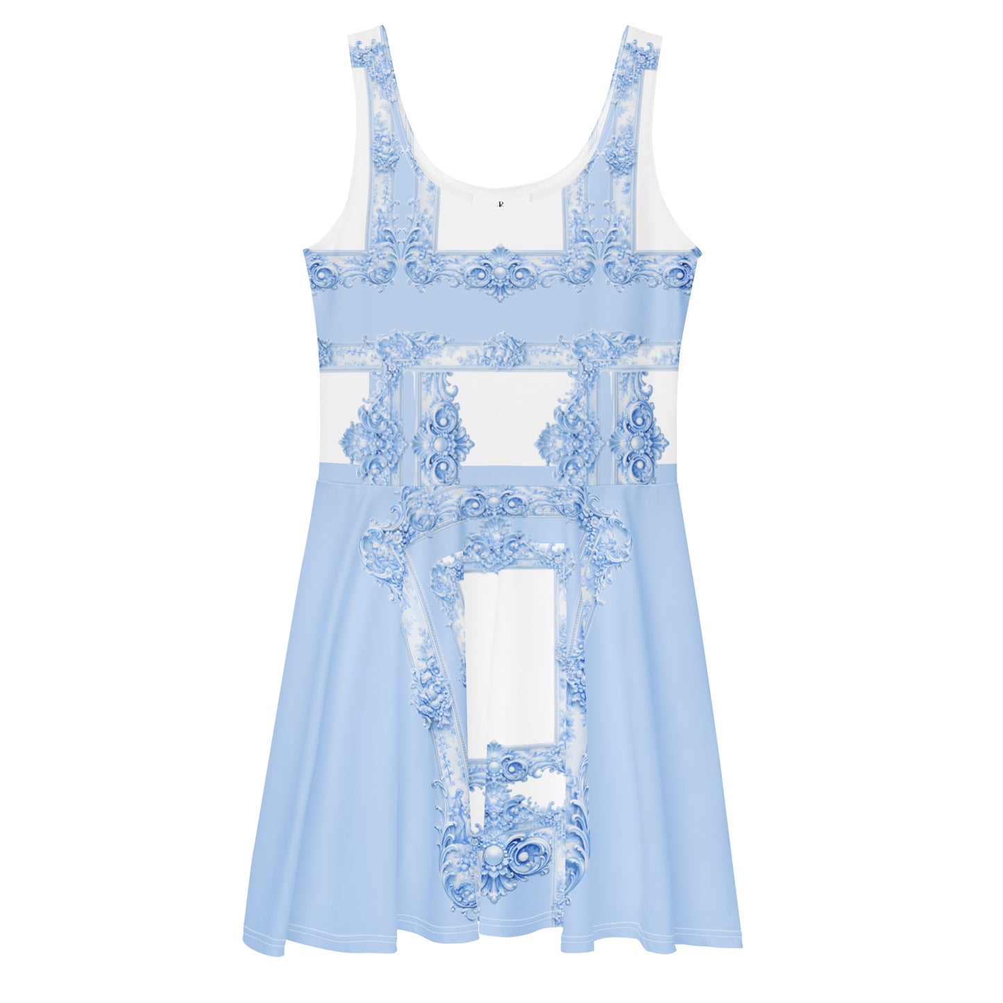 Front view of a powder blue skater dress featuring Baroque ornamental filigree frame print on a white background.