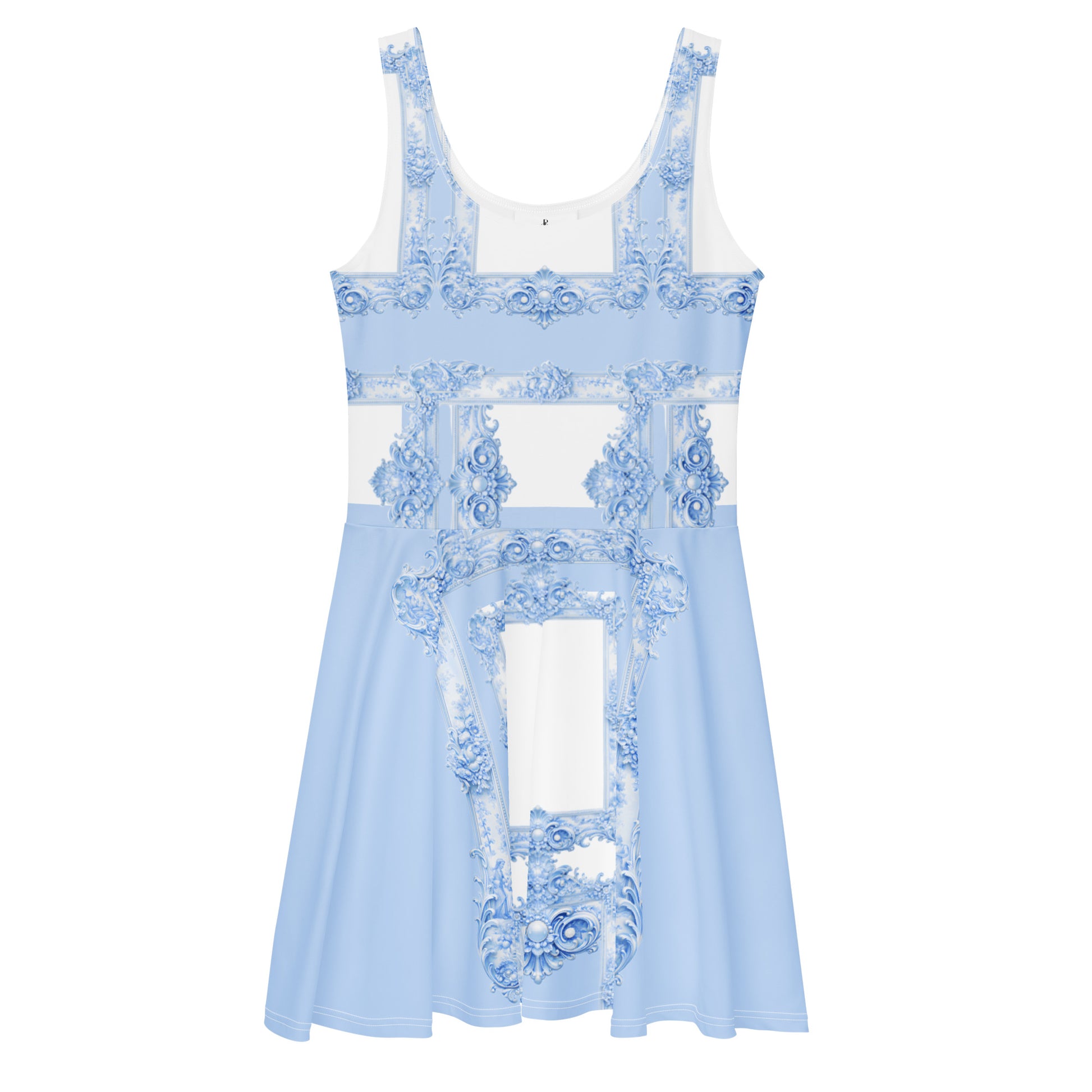 Front view of a powder blue skater dress featuring Baroque ornamental filigree frame print on a white background.