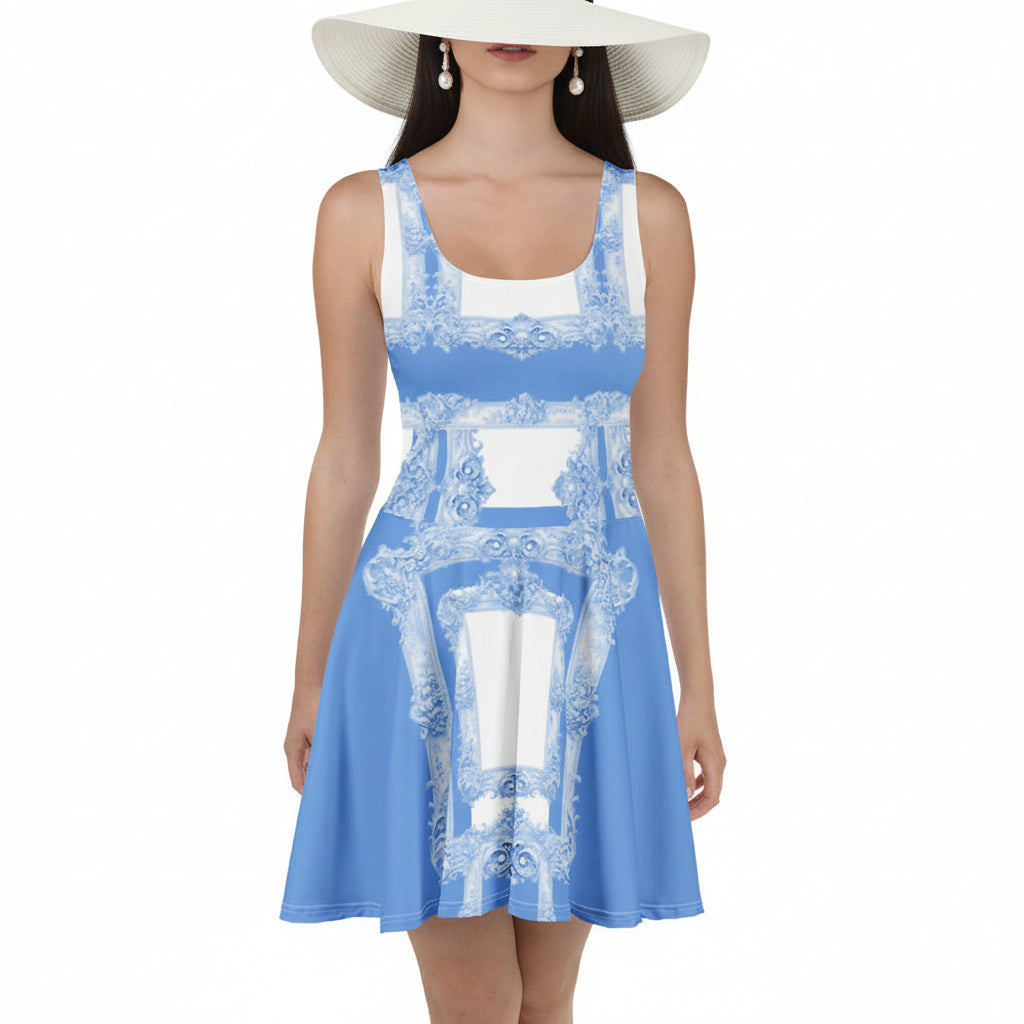Front view of a woman wearing a hat and a cornflower blue skater dress featuring Baroque ornamental frame print on a white background.