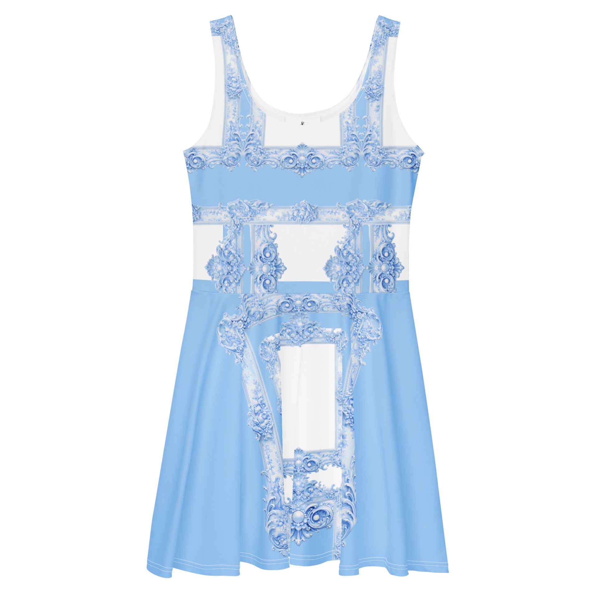 Front flat view of pastel blue skater dress featuring Baroque ornamental frame print on a white background.