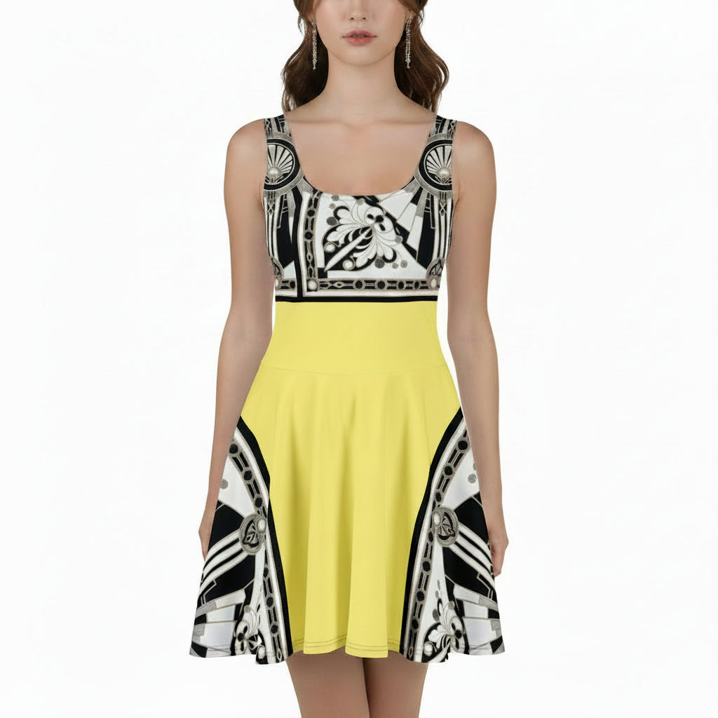 A woman modeling a sleeveless skater dress with a bright yellow short skirt and a black, white, and gray Art Deco medallion patterned bodice and side panels, shown against a plain white background.