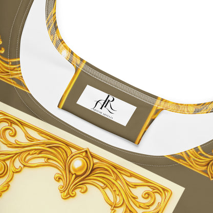 Close-up of the decorative neckline of a skater dress with intricate gold patterns and a visible ARTEMI ARTELIA brand label, on a white background.