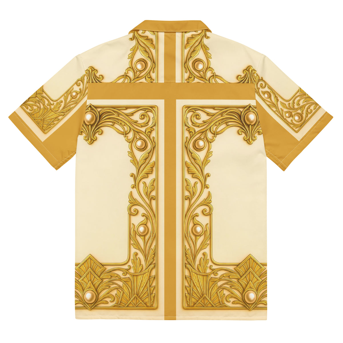A short-sleeve camp collar shirt shown from the back, featuring a cream base with prominent gold baroque-style scrollwork and ornamental border patterns.
