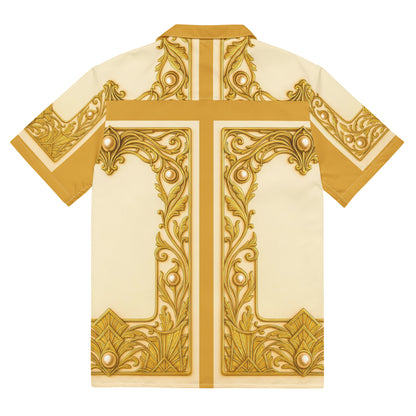 A short-sleeve camp collar shirt shown from the back, featuring a cream base with prominent gold baroque-style scrollwork and ornamental border patterns.