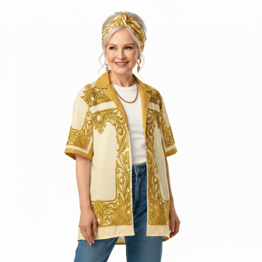 A woman modeling a short-sleeve button-front shirt jacket with a cream base and ornate gold western-style scrollwork pattern, worn over a white t-shirt and blue jeans against a plain white background.