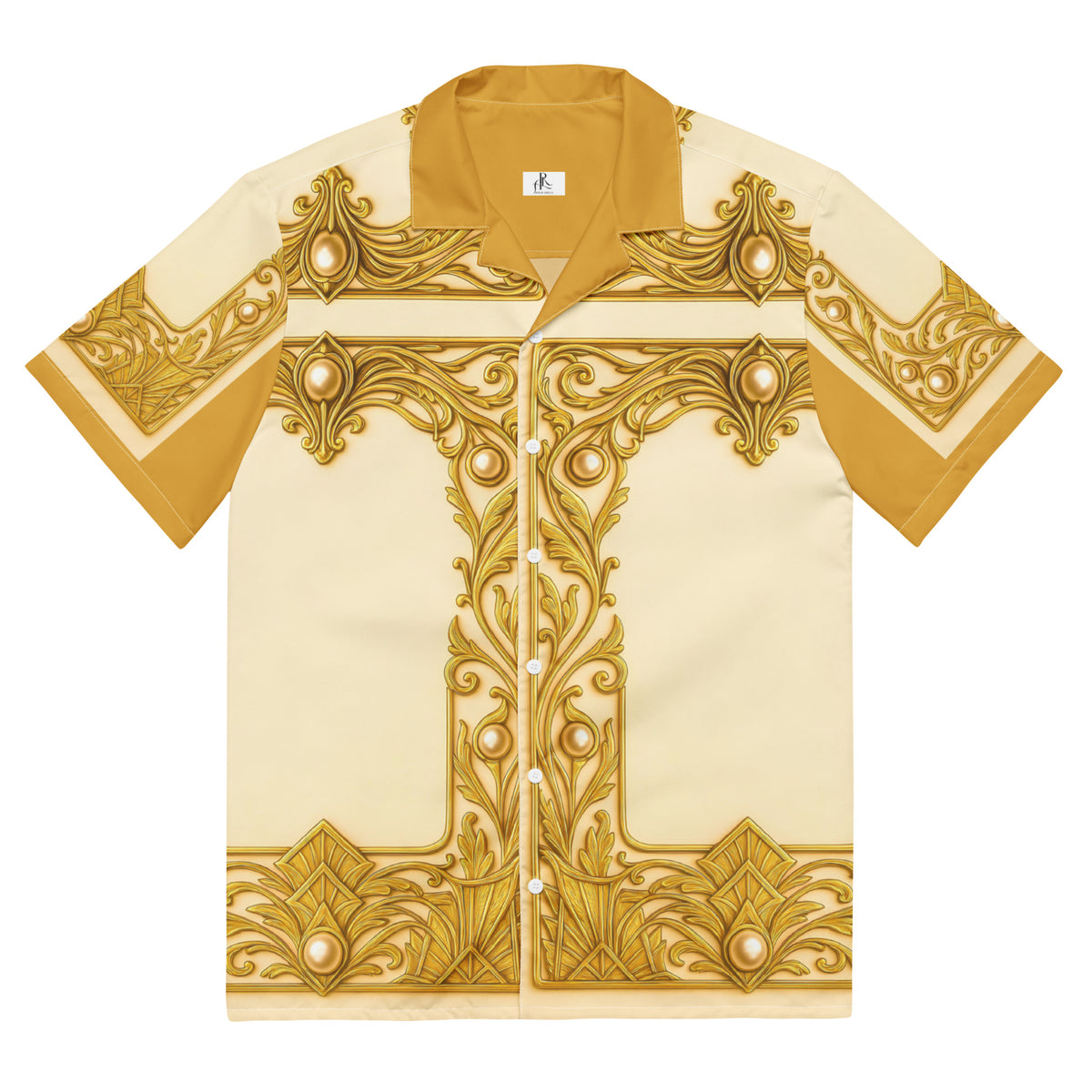 A short-sleeve camp collar button-up shirt in cream and gold, featuring ornate baroque-style scrollwork and pearl-like embellishments on the front, collar, and cuffs.